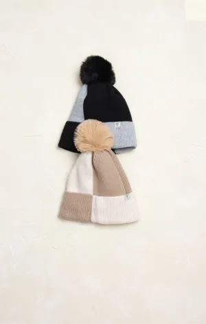 Leah Color Block Winter Beanie with Pom Pom