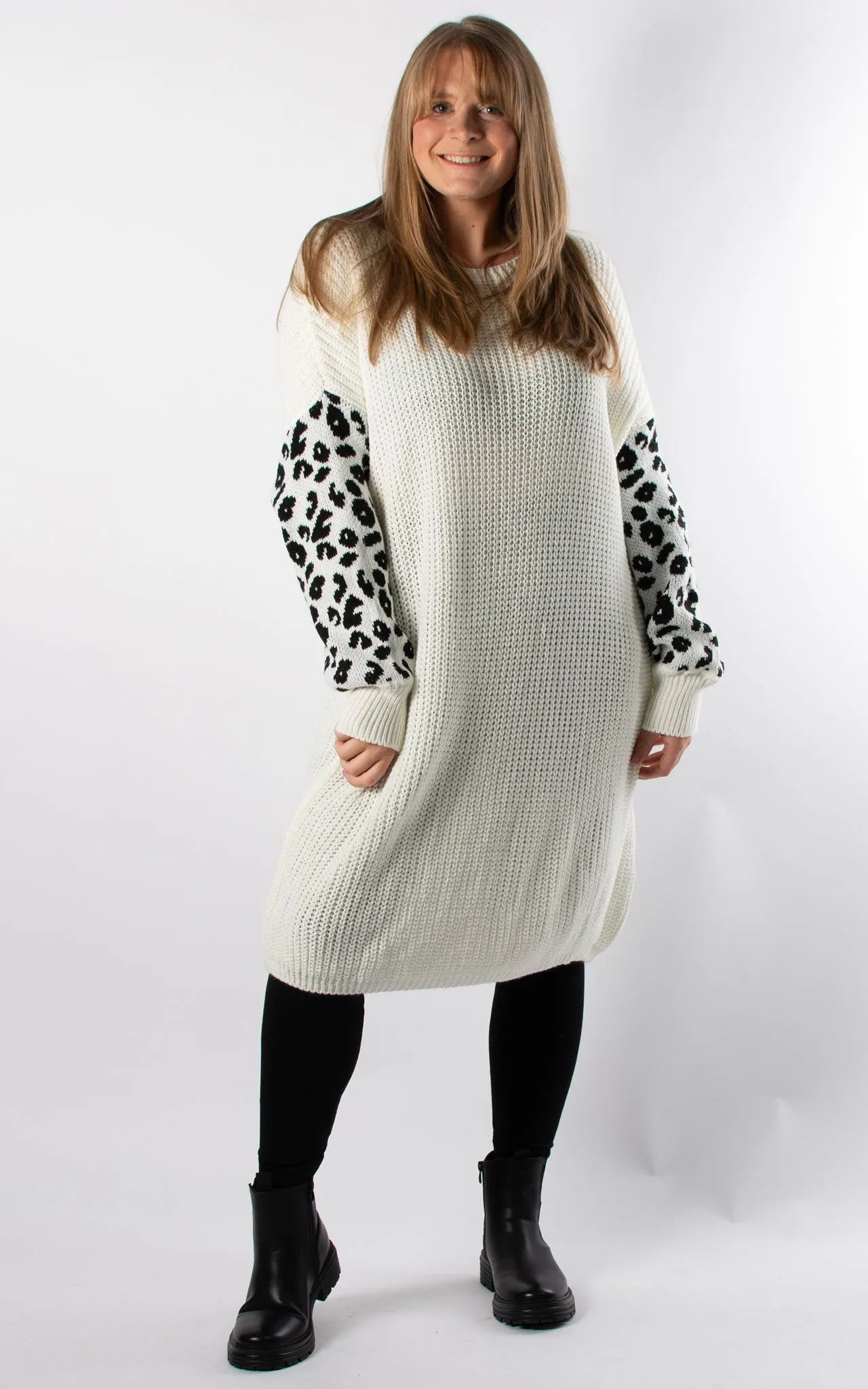 Lily Leopard Sleeve Tunic Jumper | Winter White