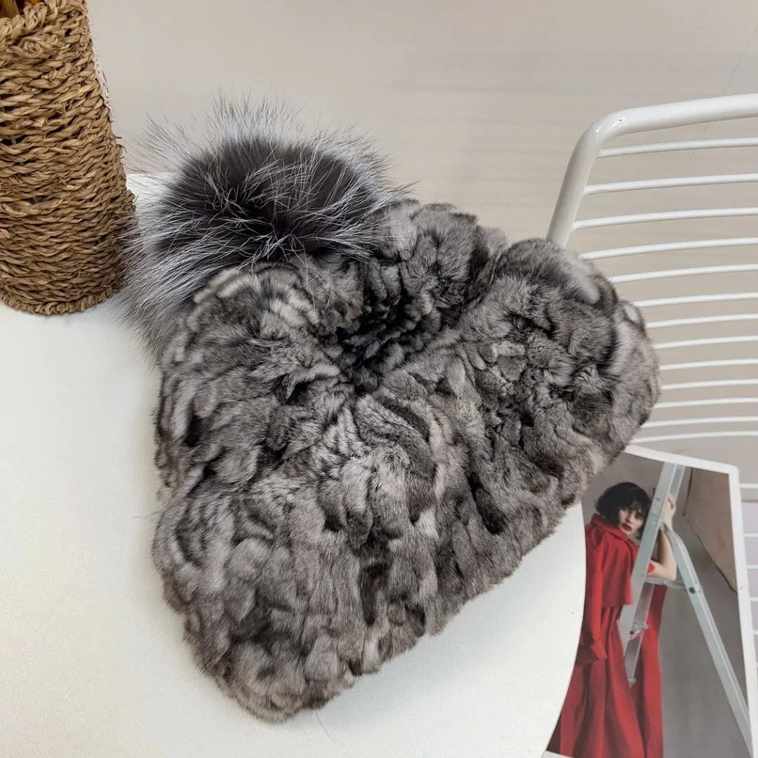 Literary hat New Zealand chinchilla hat women's winter fur fur braided elastic thickened version double-sided fur