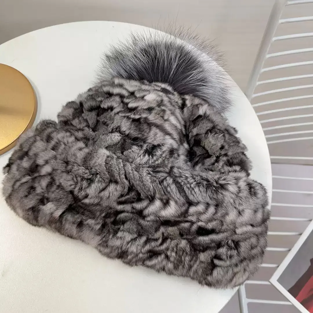 Literary hat New Zealand chinchilla hat women's winter fur fur braided elastic thickened version double-sided fur