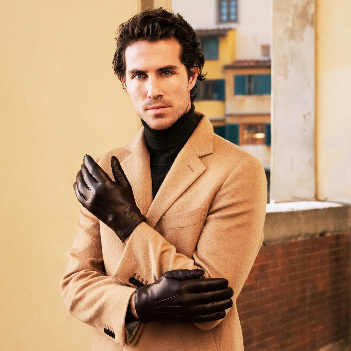 Marco (brown) - Italian lambskin leather gloves with white fur lining