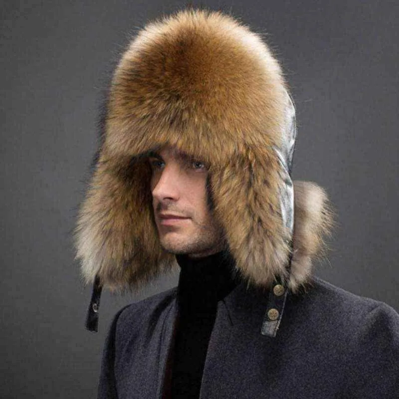 Mens winter hats -Winter Men Real Silver Fox with Leather