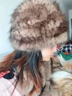 Mink fur hat sable fur elastic hat Baotou hat earmuffs woven fur double-sided real fur simple hat winter