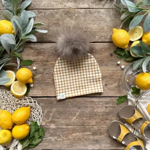 Mustard Gingham Bobble Hat