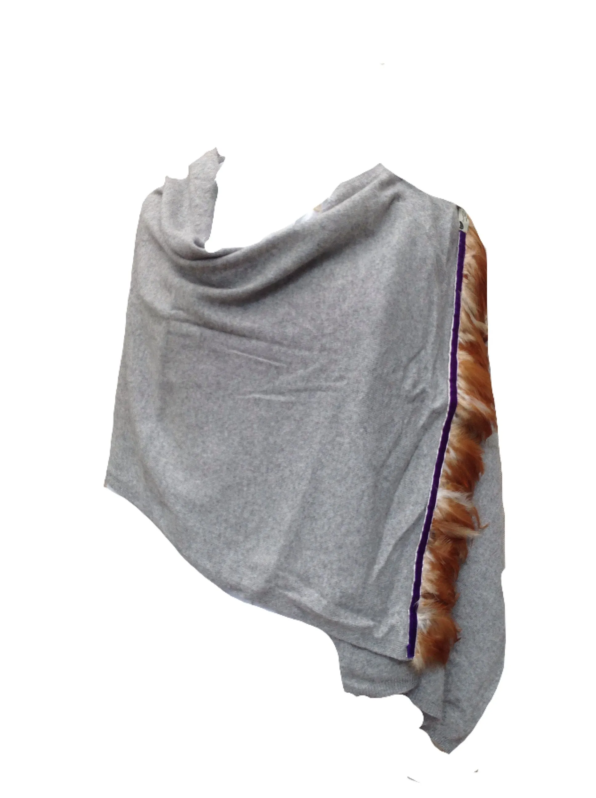 Naples Cashmere Scarf with Feather Trim in Grey