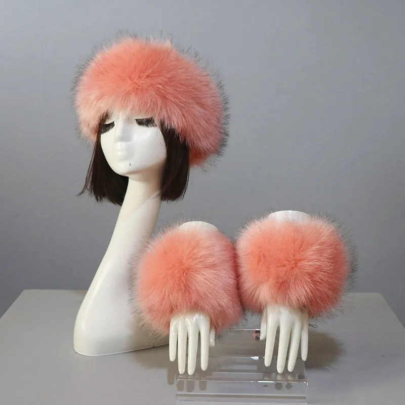 One Set Women Faux Fox Fur Cuffs   Headband Winter Warmer Hat Arm Wrist Sleeve Gloves Female Faux Fur Cap Elastic Wristband