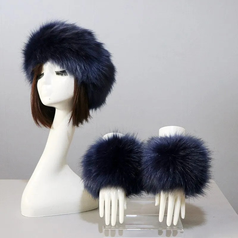 One Set Women Faux Fox Fur Cuffs   Headband Winter Warmer Hat Arm Wrist Sleeve Gloves Female Faux Fur Cap Elastic Wristband