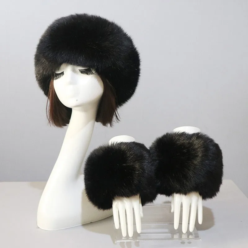 One Set Women Faux Fox Fur Cuffs   Headband Winter Warmer Hat Arm Wrist Sleeve Gloves Female Faux Fur Cap Elastic Wristband