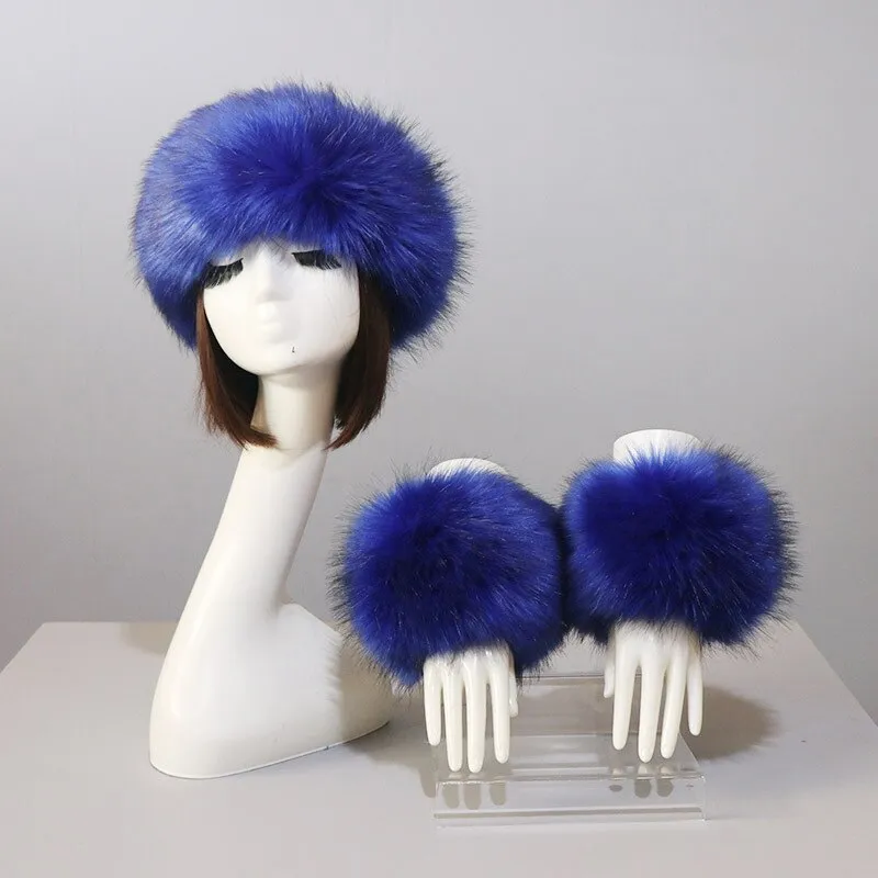 One Set Women Faux Fox Fur Cuffs   Headband Winter Warmer Hat Arm Wrist Sleeve Gloves Female Faux Fur Cap Elastic Wristband