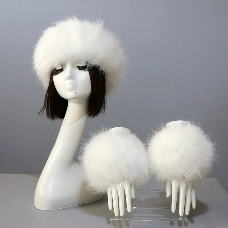 One Set Women Faux Fox Fur Cuffs   Headband Winter Warmer Hat Arm Wrist Sleeve Gloves Female Faux Fur Cap Elastic Wristband