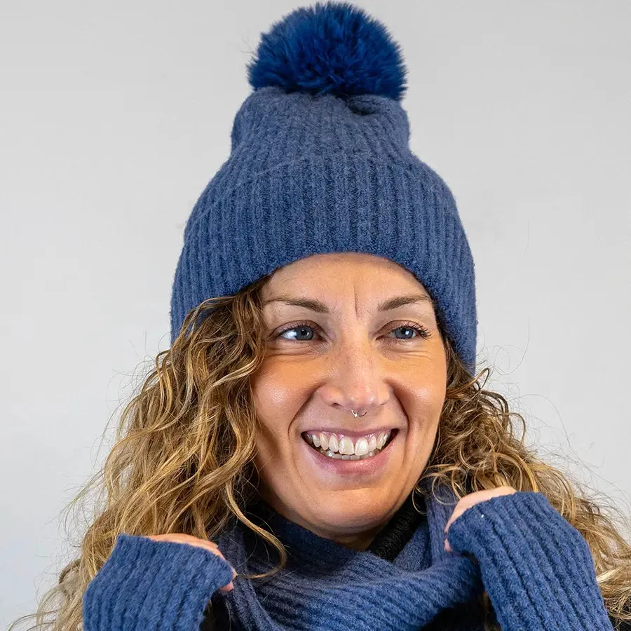 POM Dark Denim Recycled Blend Classic Knit Bobble Hat