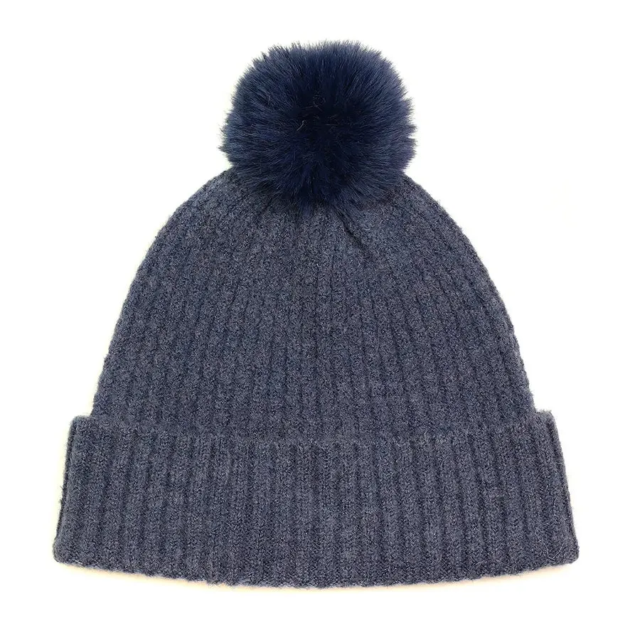 POM Dark Denim Recycled Blend Classic Knit Bobble Hat