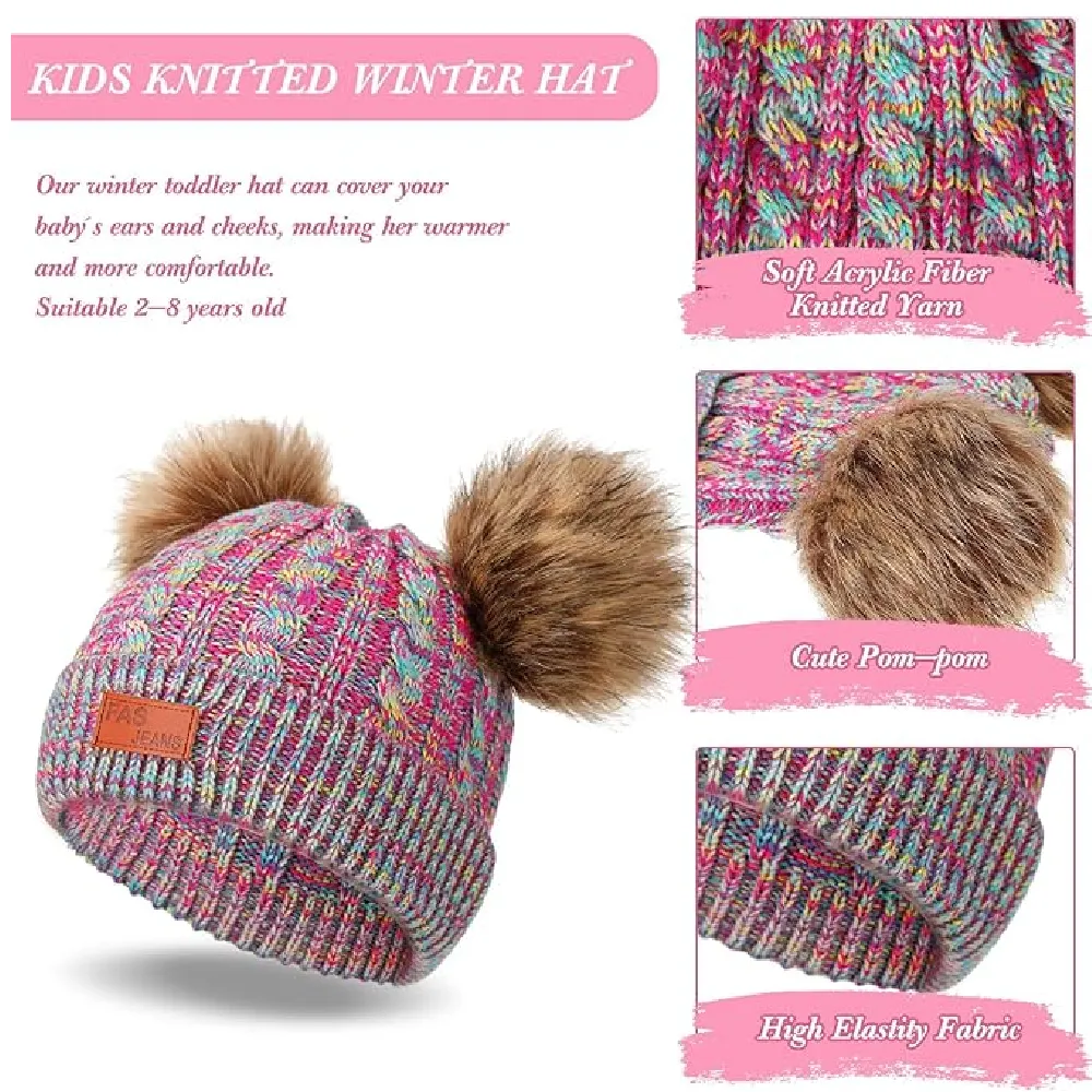 Redbaker 18 Pcs Kids Double Pompom Winter Knitted Beanie Hat Scart