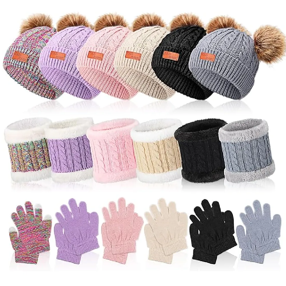 Redbaker 18 Pcs Kids Double Pompom Winter Knitted Beanie Hat Scart