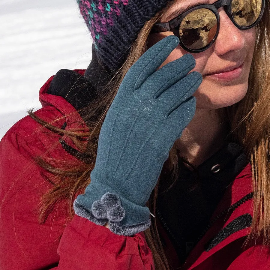 Teal Angora & Faux Fur Pom Pom Gloves