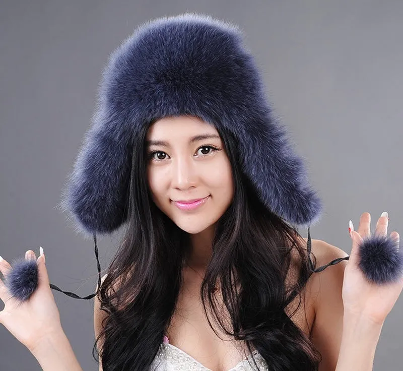 Winter Hats for Women Fox Fur Hat Bomber Hats  Millinery Ear Protector Cap 060101