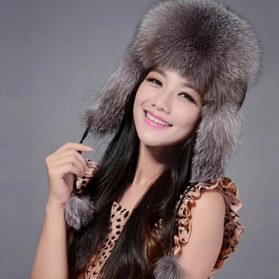 Winter Hats for Women Fox Fur Hat Bomber Hats  Millinery Ear Protector Cap 060101