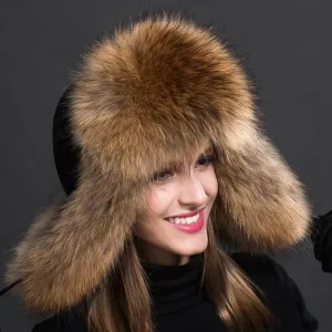 Women Natural Fur Caps Ushanka Hats for Winter Thick Warm Ears