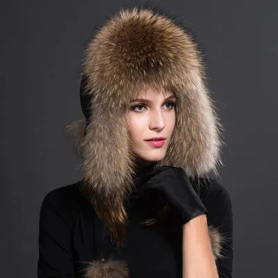 Women Natural Fur Caps Ushanka Hats for Winter Thick Warm Ears