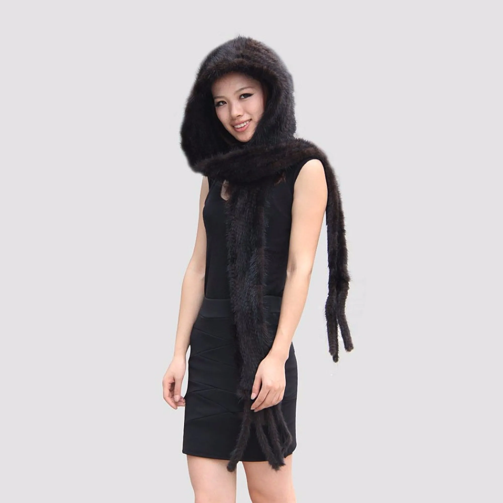 Women's Beanie Knitted Real Mink Fur Scarf Hat Neckwarmer Wrap Cap 13612