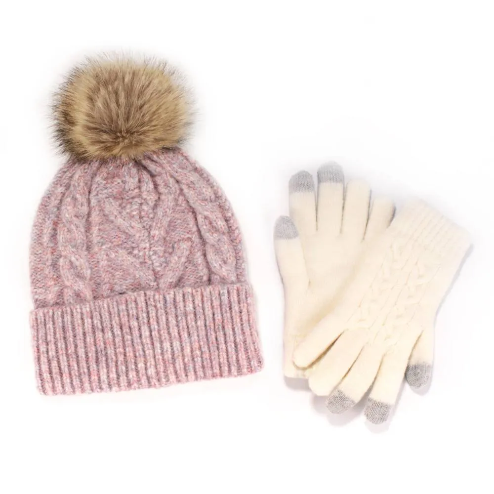 Women's Classic Winter Pom Pom Beanie Hat and Gloves Set