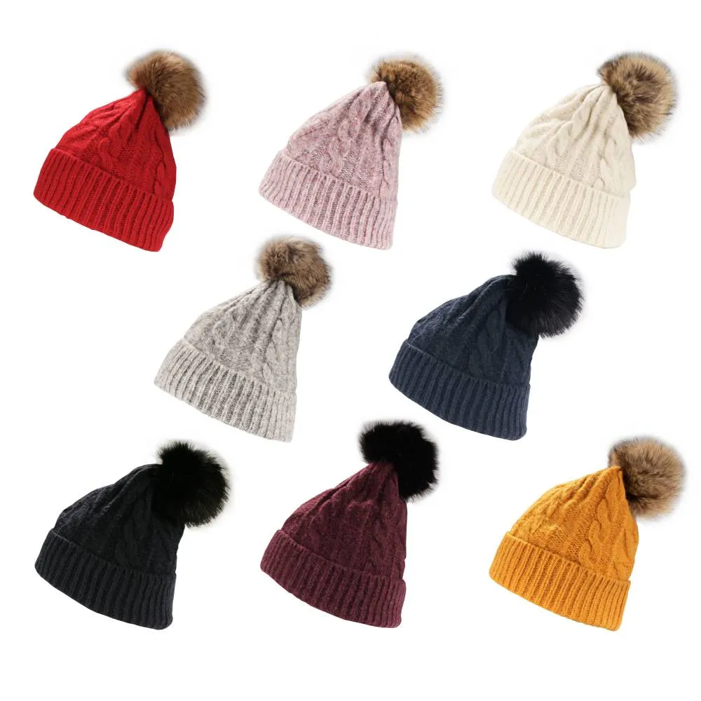 Women's Classic Winter Pom Pom Beanie Hat and Gloves Set