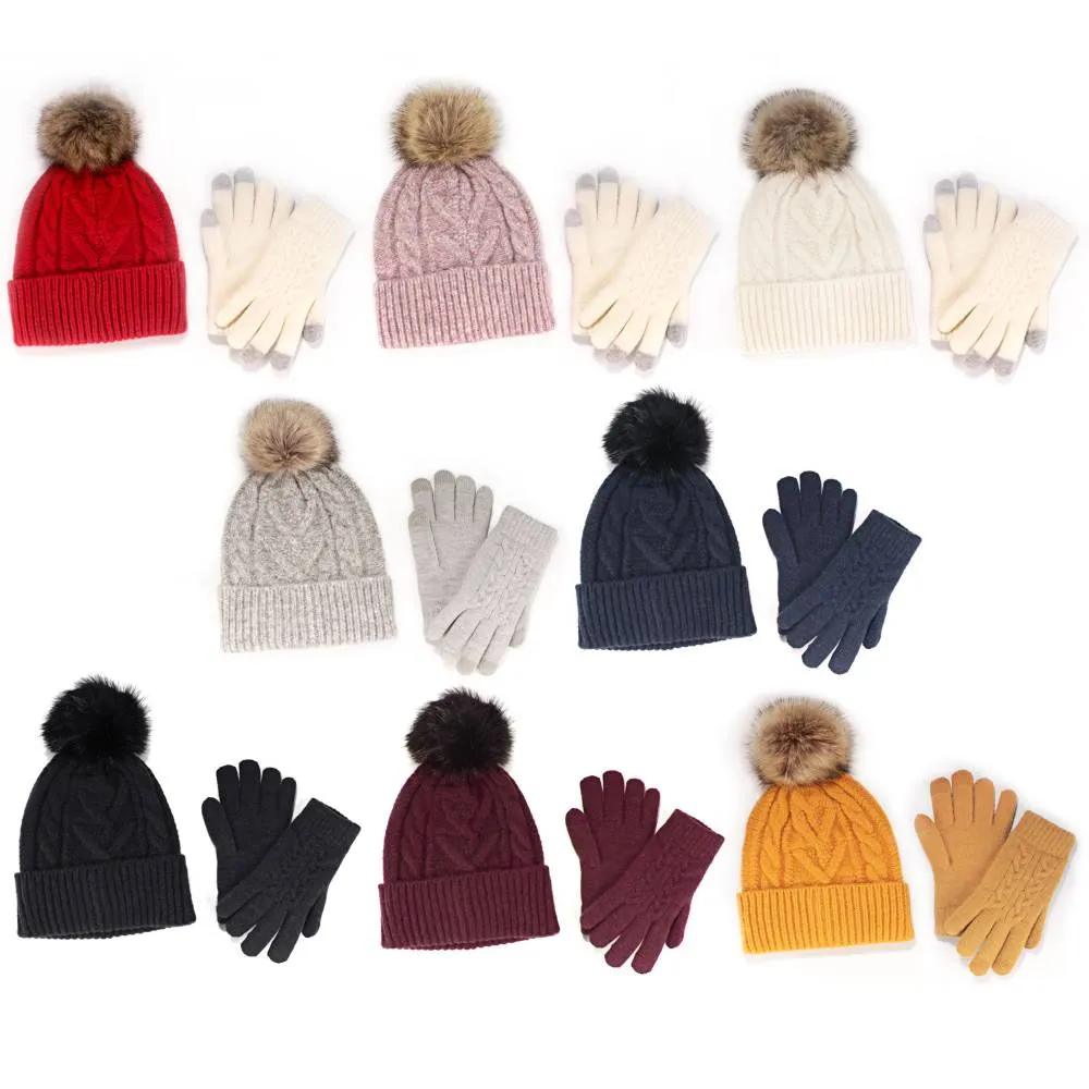 Women's Classic Winter Pom Pom Beanie Hat and Gloves Set