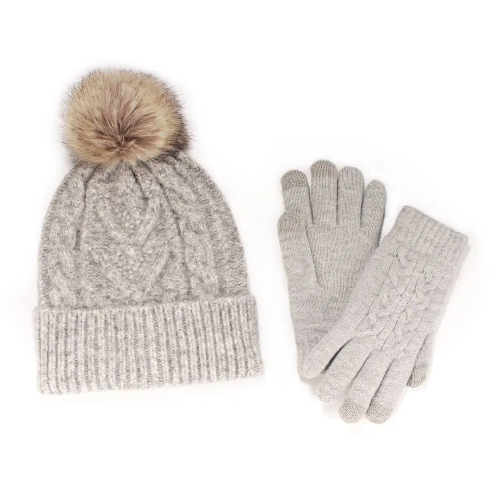 Women's Classic Winter Pom Pom Beanie Hat and Gloves Set