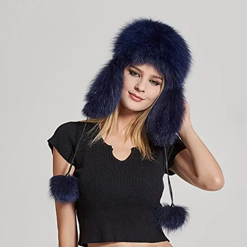 Women's Fur Trapper Hat with Sheepskin Earflap Bomber Hat Men's Winter Fur Hat(Blue)