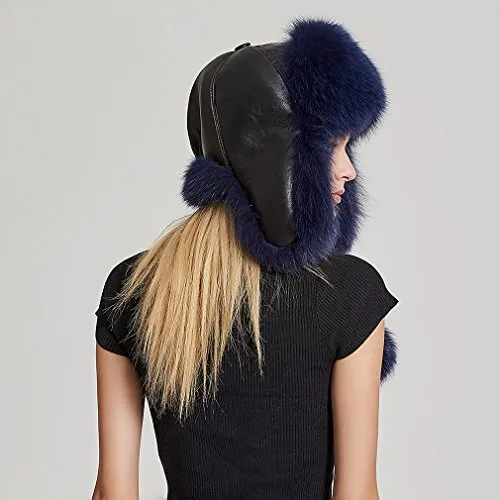 Women's Fur Trapper Hat with Sheepskin Earflap Bomber Hat Men's Winter Fur Hat(Blue)