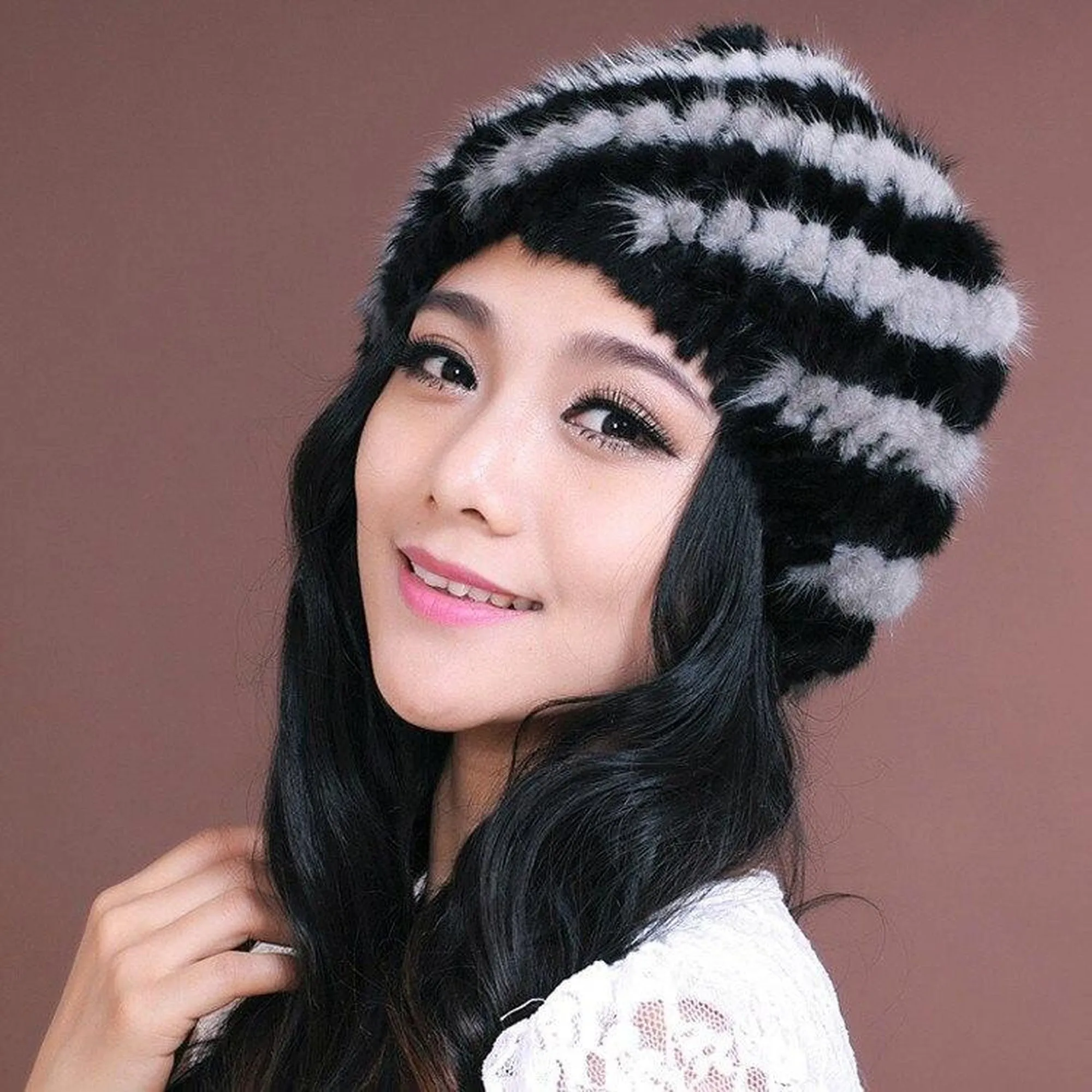 Womens Hats Winter Knitted Real Mink Fur Cap Women Fur Hat Winter Hat Headgear Ears Warmer Headdress Mink Women Hat Women's Hats & Caps Fur Story FS13603