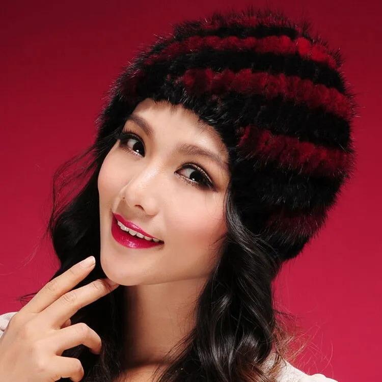 Womens Hats Winter Knitted Real Mink Fur Cap Women Fur Hat Winter Hat Headgear Ears Warmer Headdress Mink Women Hat Women's Hats & Caps Fur Story FS13603