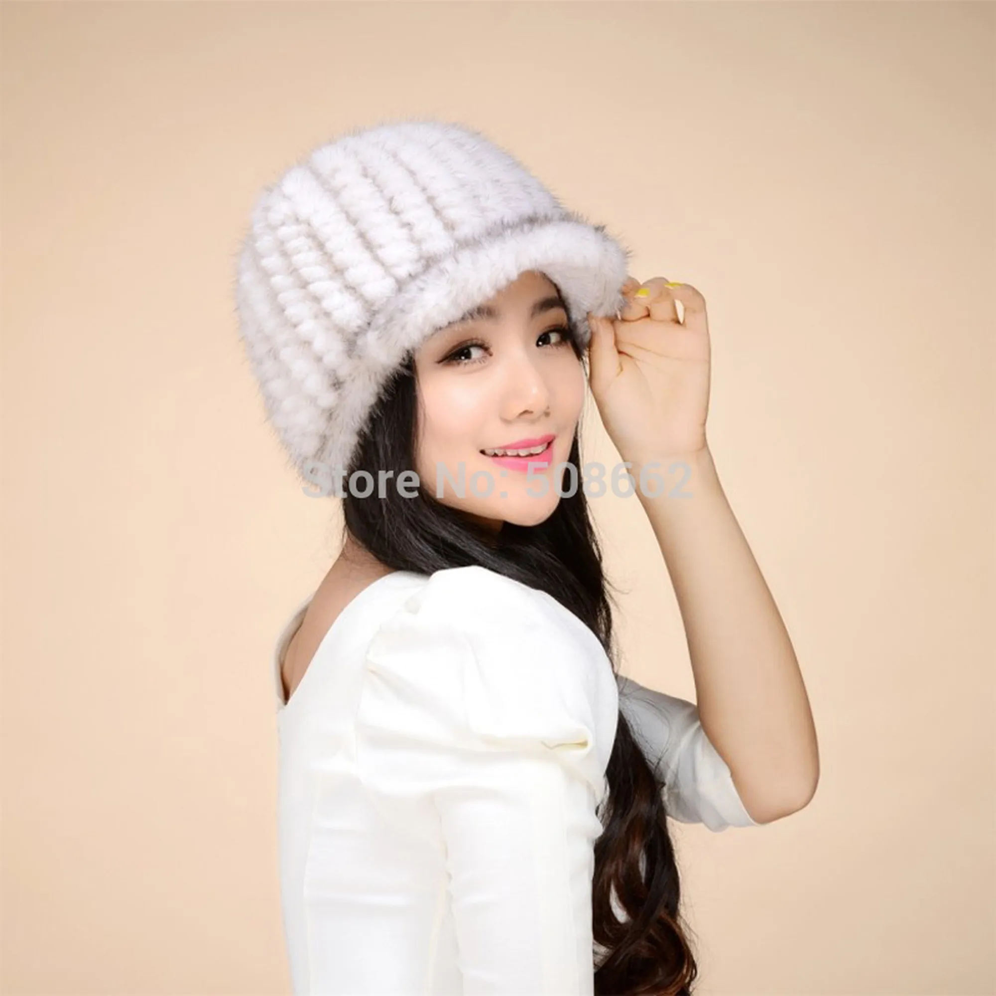 Women's Hats Winter Knitted Real Mink Fur Hat  Fur Cap Headgear 14616