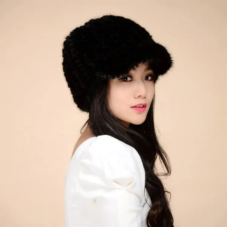 Women's Hats Winter Knitted Real Mink Fur Hat  Fur Cap Headgear 14616