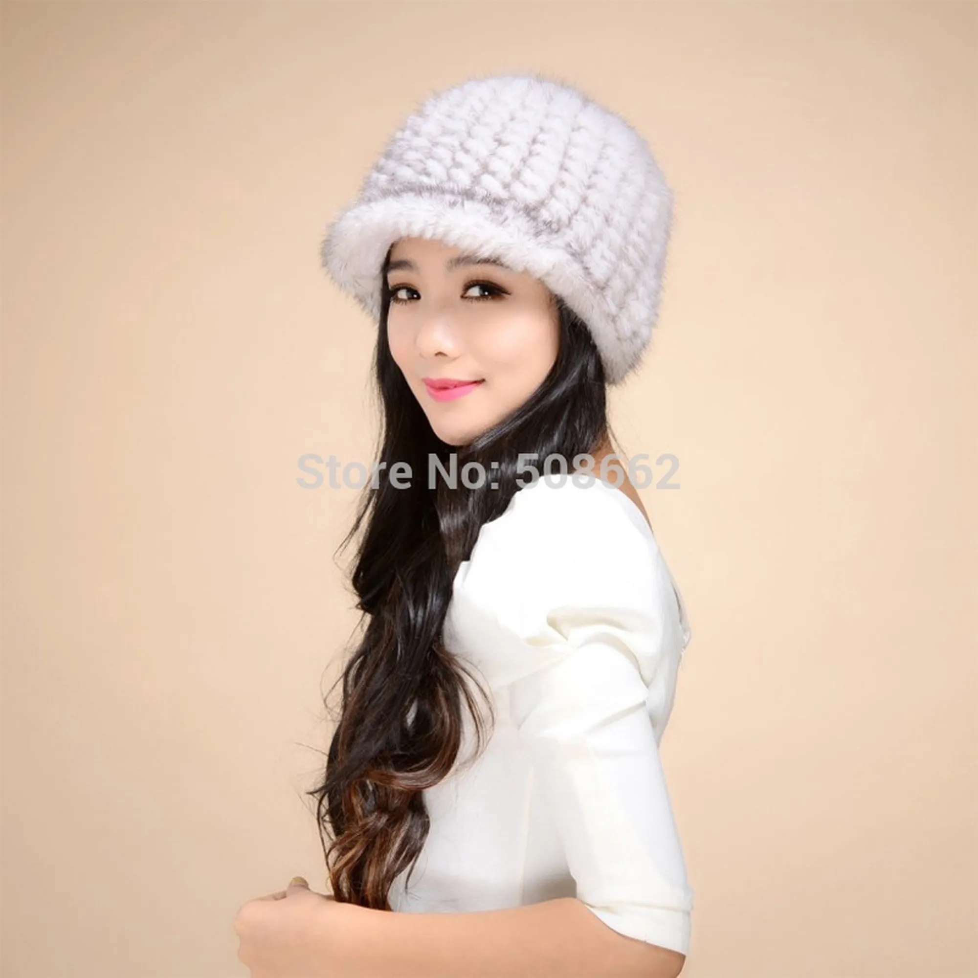 Women's Hats Winter Knitted Real Mink Fur Hat  Fur Cap Headgear 14616