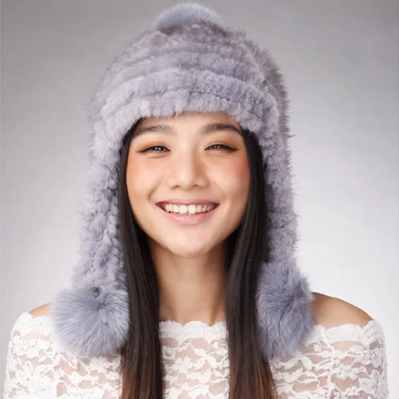 Women's Knitted Real Mink Fur Big Fox Fur Pompom Hat Fur Cap Beanie Headgear 14622