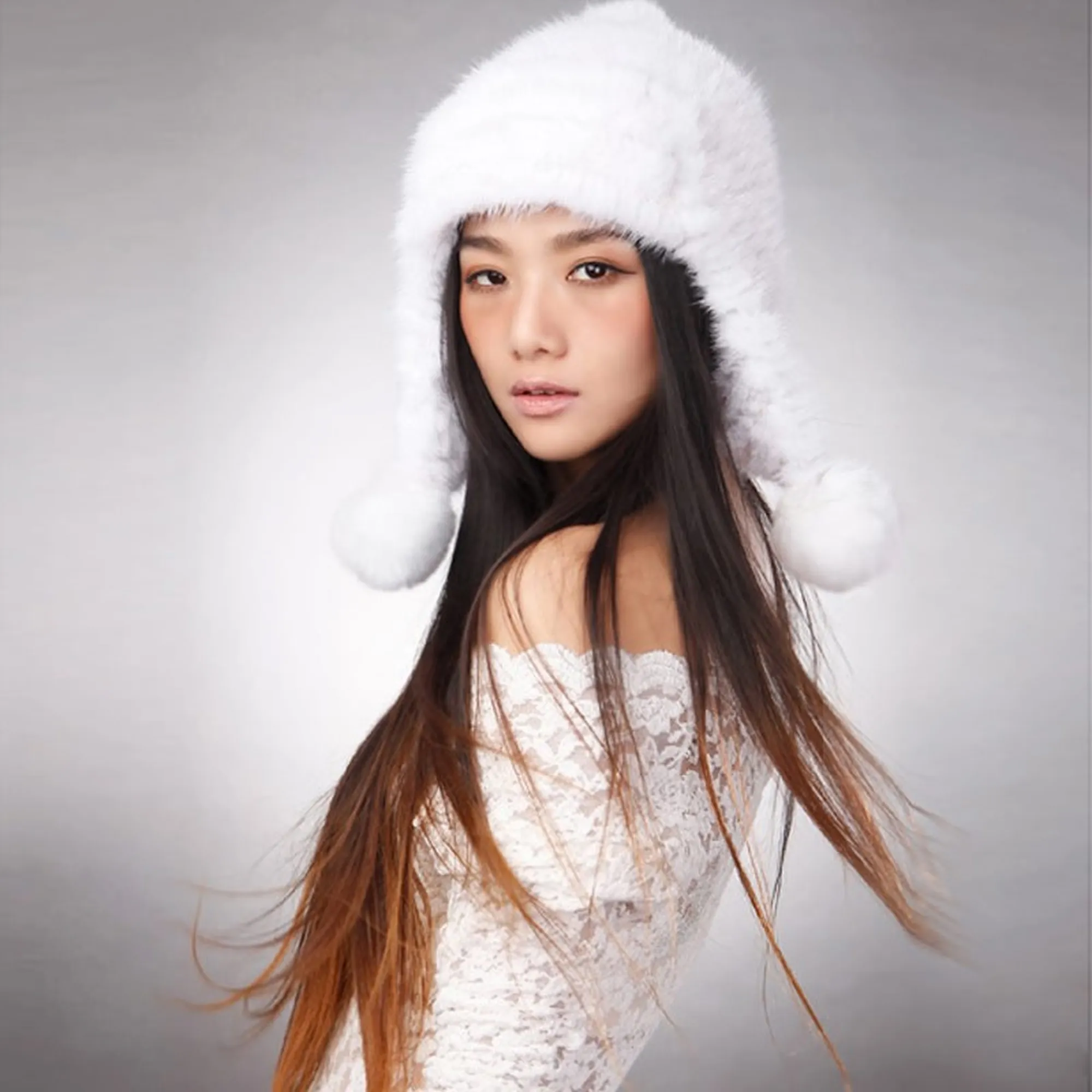 Women's Knitted Real Mink Fur Big Fox Fur Pompom Hat Fur Cap Beanie Headgear 14622