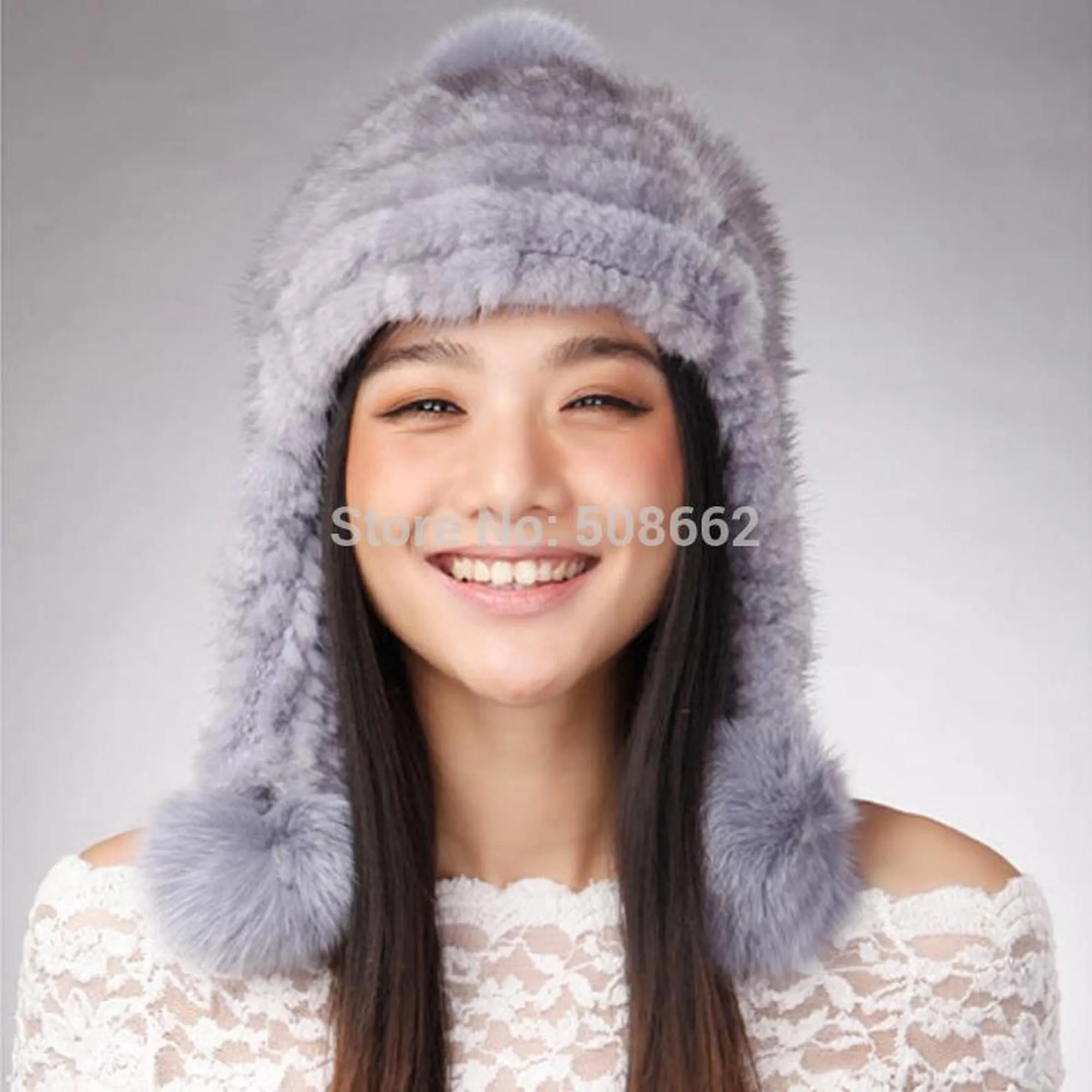 Women's Knitted Real Mink Fur Big Fox Fur Pompom Hat Fur Cap Beanie Headgear 14622