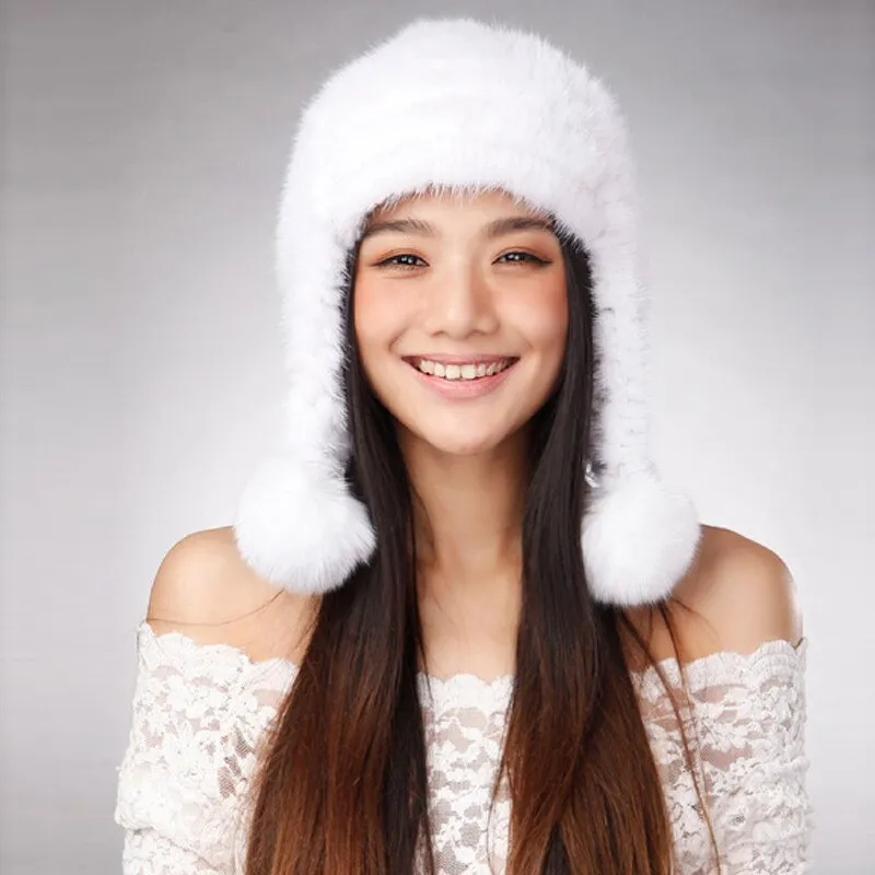 Women's Knitted Real Mink Fur Big Fox Fur Pompom Hat Fur Cap Beanie Headgear 14622