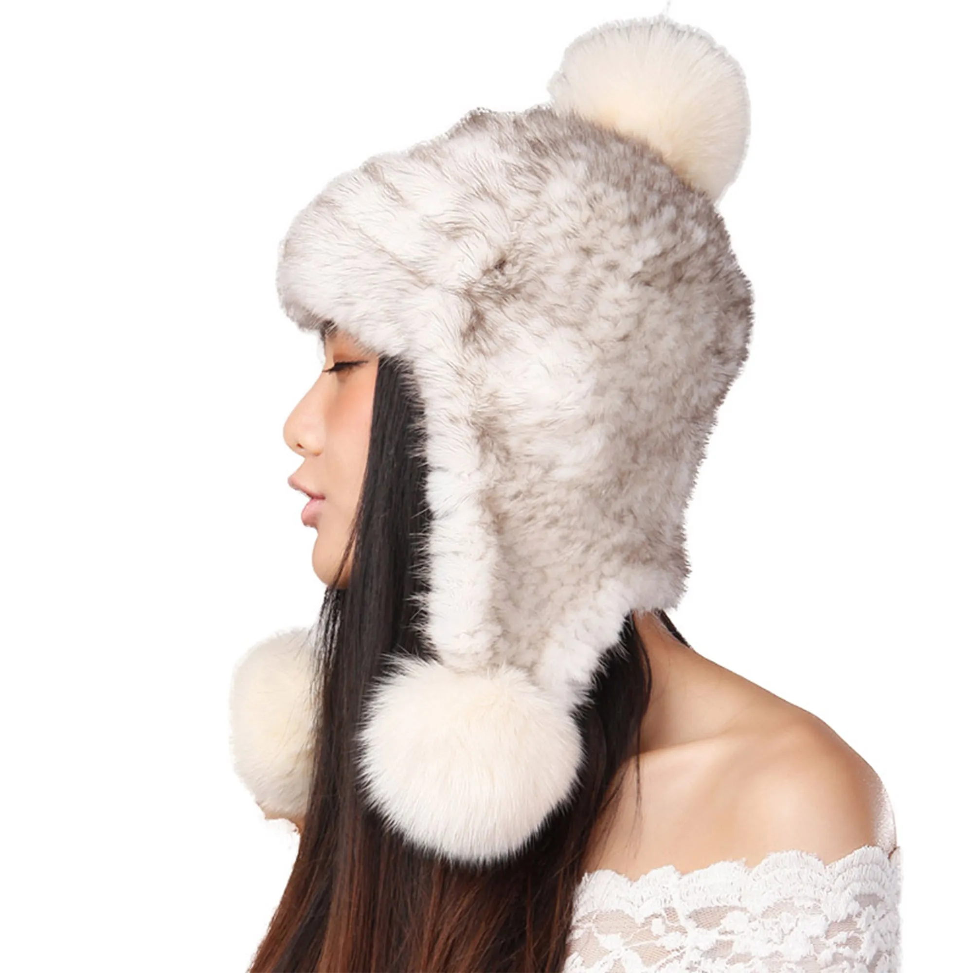 Women's Knitted Real Mink Fur Big Fox Fur Pompom Hat Fur Cap Beanie Headgear 14622