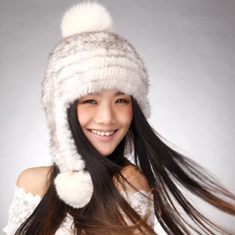 Women's Knitted Real Mink Fur Big Fox Fur Pompom Hat Fur Cap Beanie Headgear 14622