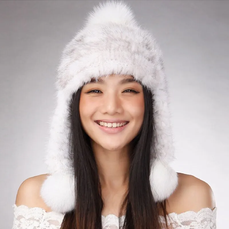 Women's Knitted Real Mink Fur Big Fox Fur Pompom Hat Fur Cap Beanie Headgear 14622