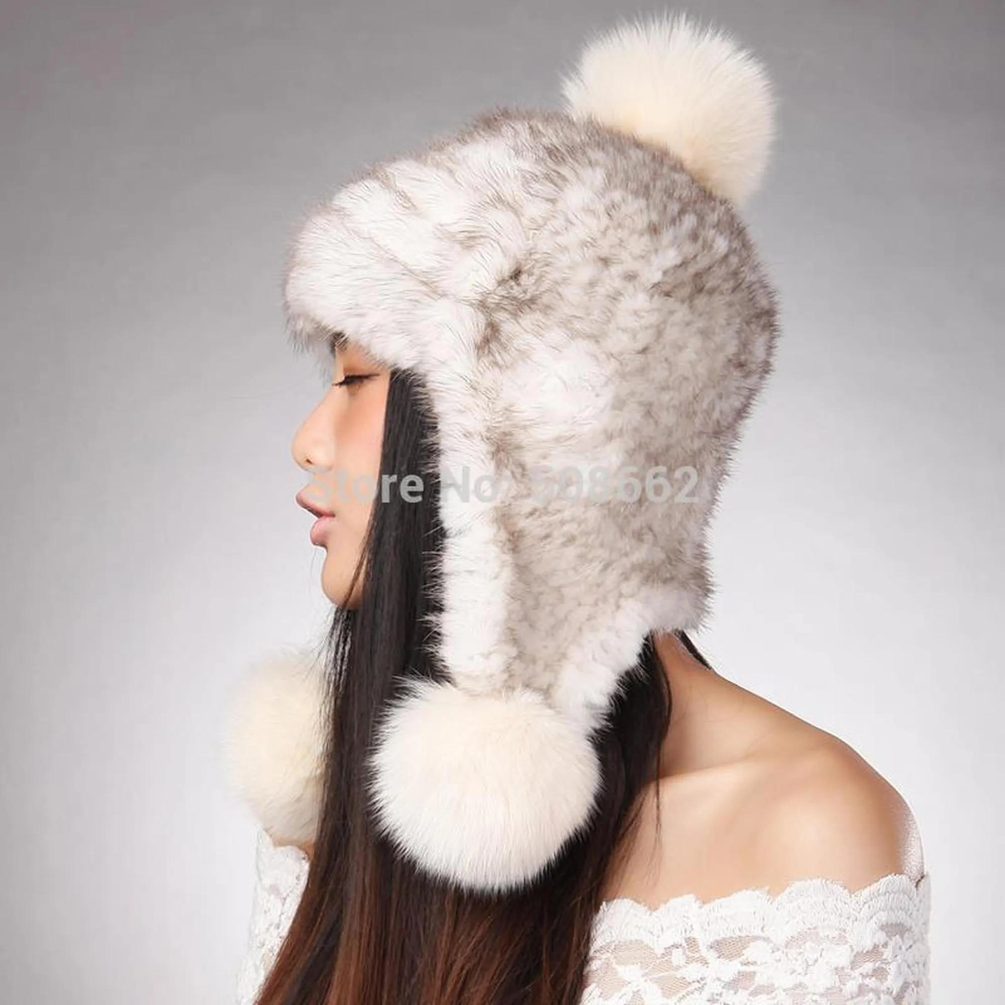 Women's Knitted Real Mink Fur Big Fox Fur Pompom Hat Fur Cap Beanie Headgear 14622