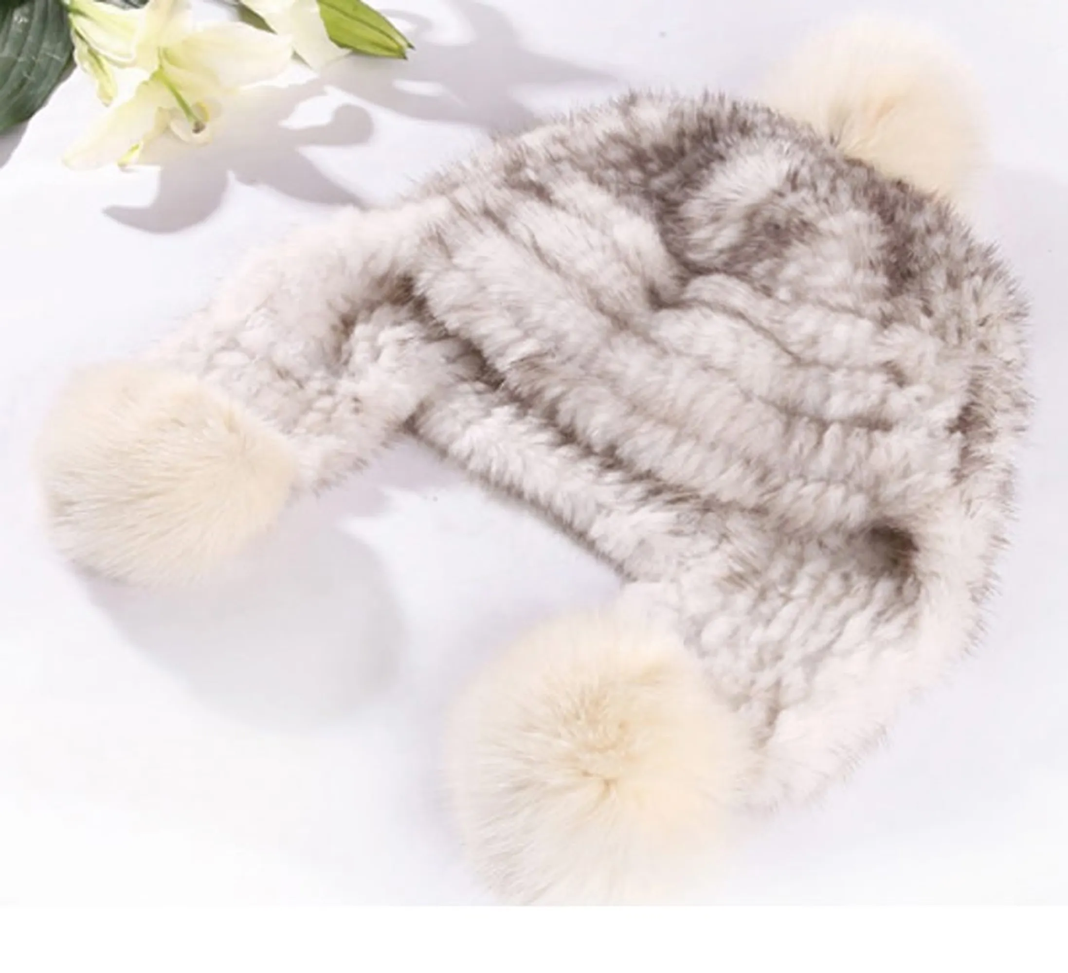 Women's Knitted Real Mink Fur Big Fox Fur Pompom Hat Fur Cap Beanie Headgear 14622