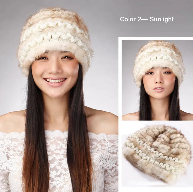 Women's Winter Hats Knitted Real Mink Fur Hat Fur Cap Women Beanie Headgear 14624