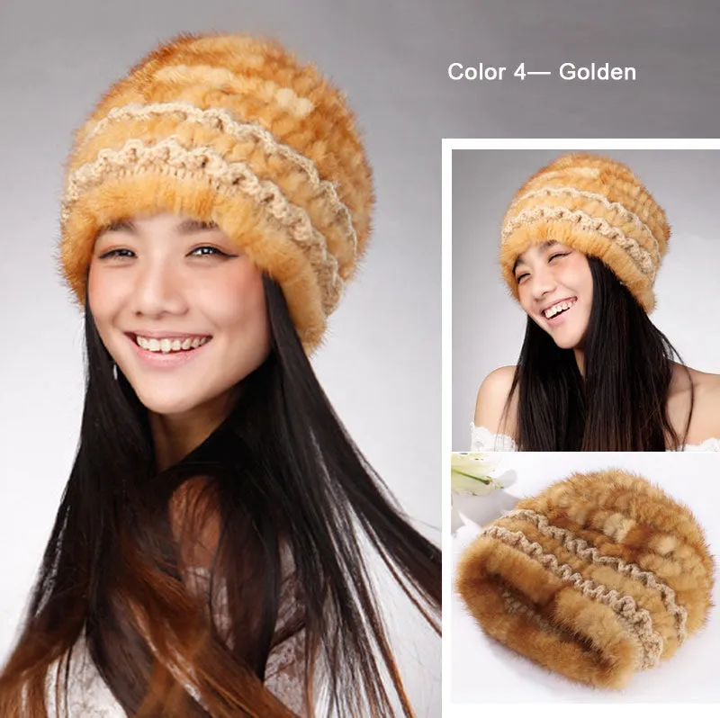 Women's Winter Hats Knitted Real Mink Fur Hat Fur Cap Women Beanie Headgear 14624